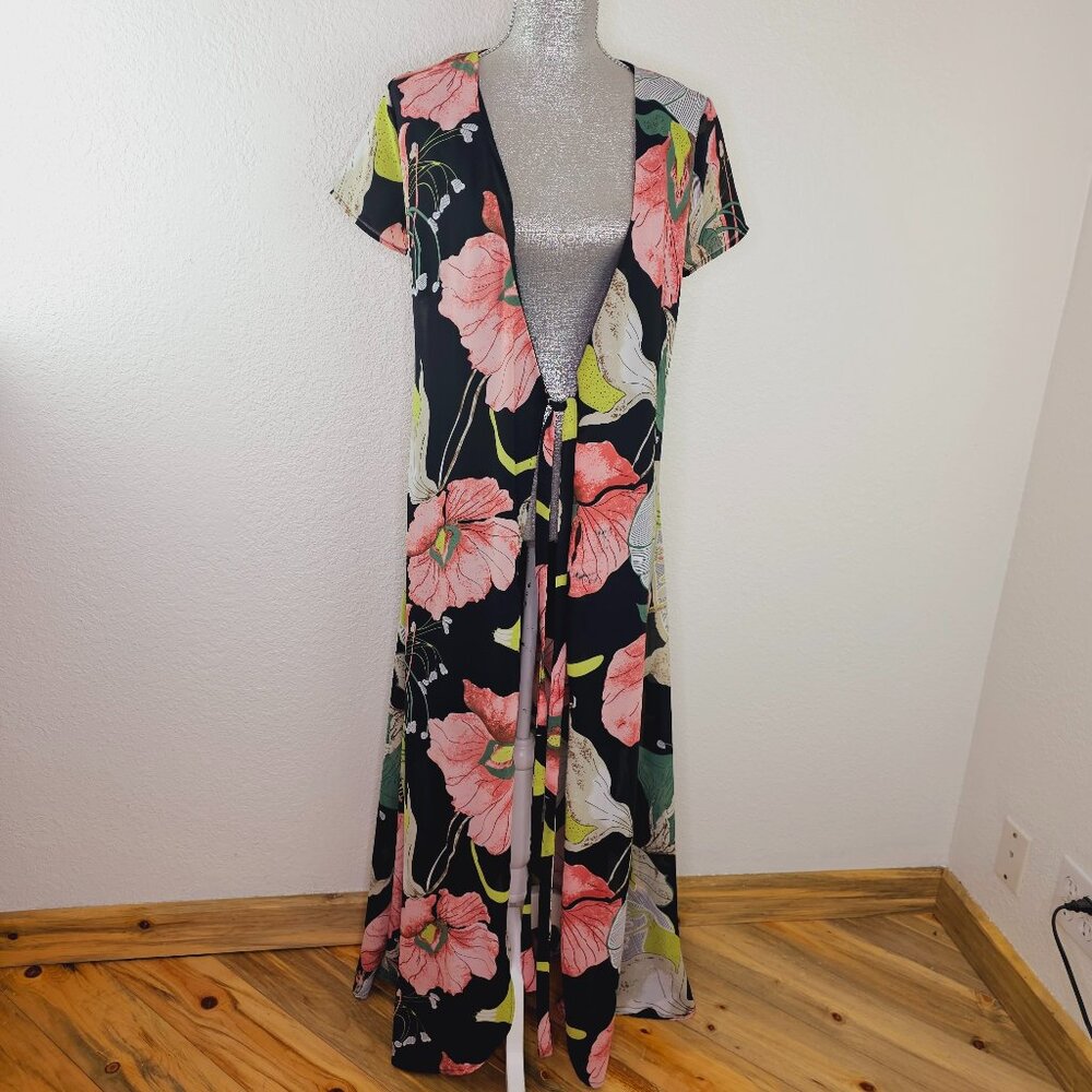 Catch Stitch Floral Tie Front Long Duster - Picture 2 of 10